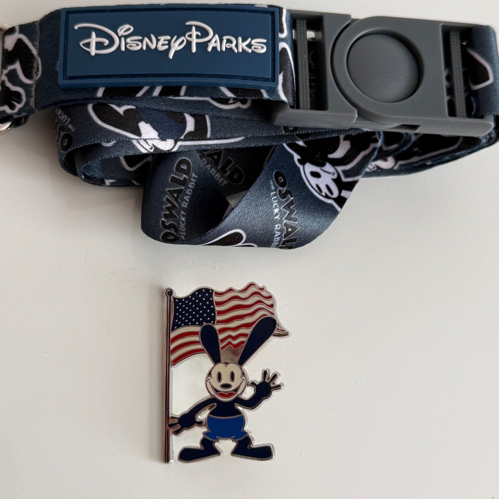 Disney Parks Oswald the Lucky Rabbit Lanyard and American Flag Enamel Pin Set